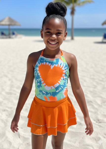 Girls Pink Tie-Dye Heart 2-Piece Swimming Costume with Skirt - Colorful Tankini Swimsuit Set