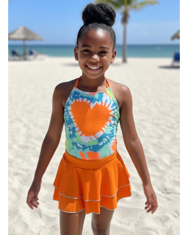 Girls Pink Tie-Dye Heart 2-Piece Swimming Costume with Skirt - Colorful Tankini Swimsuit Set