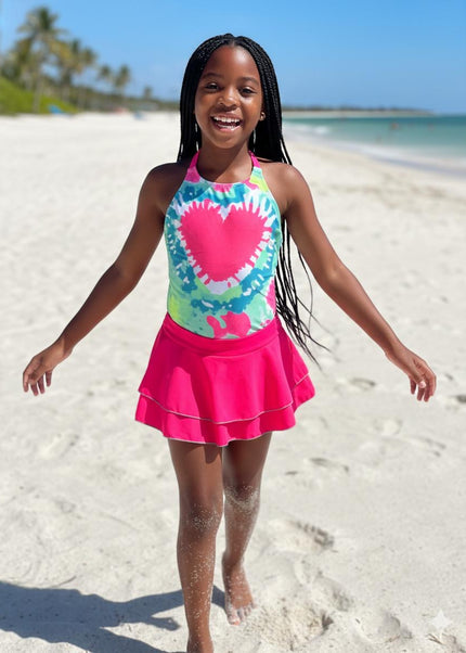 Girls Pink Tie-Dye Heart 2-Piece Swimming Costume with Skirt - Colorful Tankini Swimsuit Set