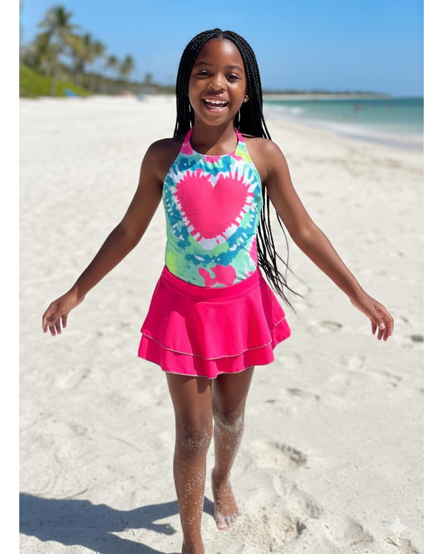 Girls Pink Tie-Dye Heart 2-Piece Swimming Costume with Skirt - Colorful Tankini Swimsuit Set
