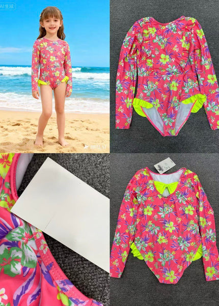 Girls Floral Swimming Costume - Pink & Yellow Rashguard Swimsuit