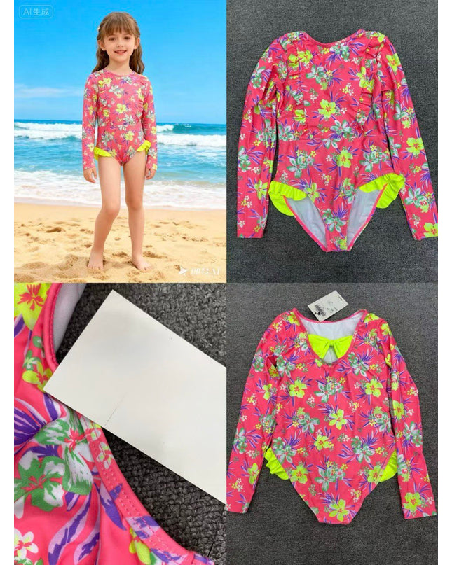 Girls Floral Swimming Costume - Pink & Yellow Rashguard Swimsuit