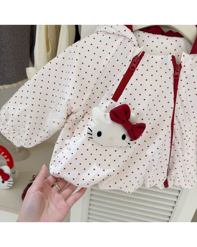 Girls Heart Print Quilted Jacket with Character Pocket