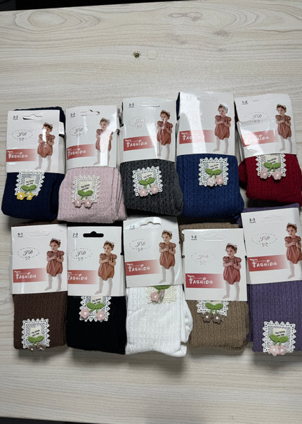 Girls Textured Cotton Tights – Multi-Color with Floral Badge
