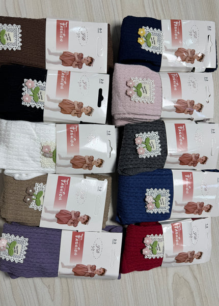 Girls Textured Cotton Tights – Multi-Color with Floral Badge