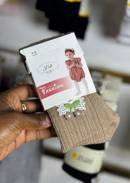Girls Textured Cotton Tights – Multi-Color with Floral Badge