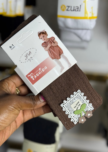 Girls Textured Cotton Tights – Multi-Color with Floral Badge