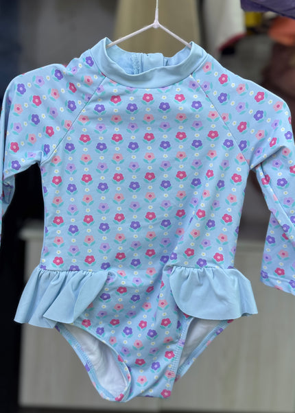 Girls Floral Long-Sleeve Swimming Costume - Grey & Pink One-Piece Rashguard with Ruffle Details