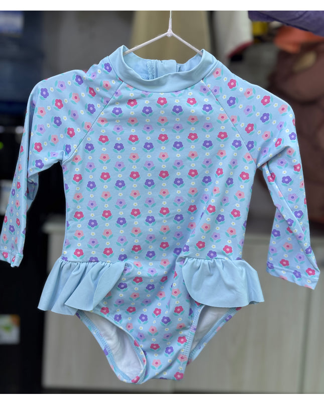 Girls Floral Long-Sleeve Swimming Costume - Grey & Pink One-Piece Rashguard with Ruffle Details