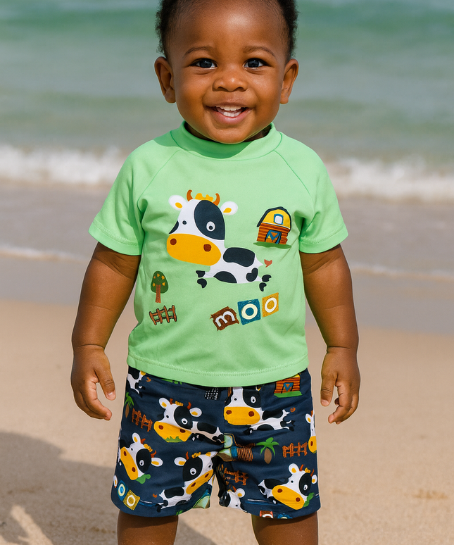 Boys 2-Piece Cow Swim Set – Top, Shorts & Hat
