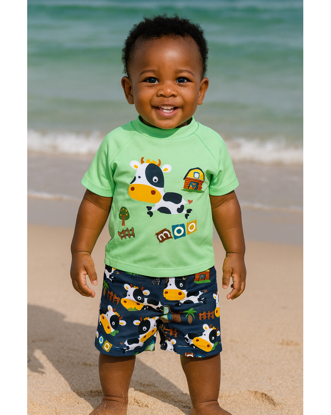Boys 2-Piece Cow Swim Set – Top, Shorts & Hat