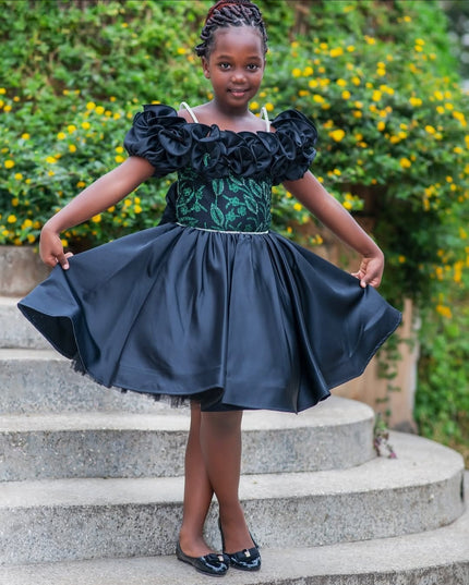 Black Rose Bloom Dress – Girls Occasion Gown with Embroidered Details