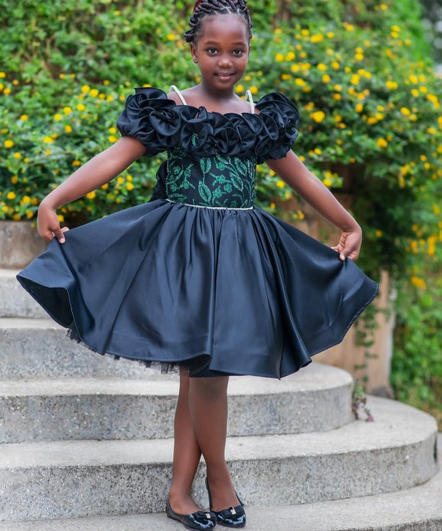 Black Rose Bloom Dress – Girls Occasion Gown with Embroidered Details