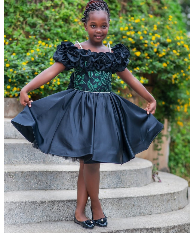 Black Rose Bloom Dress – Girls Occasion Gown with Embroidered Details