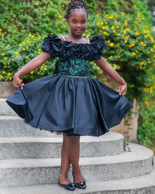 Black Rose Bloom Dress – Girls Occasion Gown with Embroidered Details