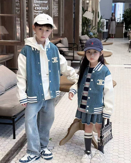 Kids Navy Blue Varsity Bomber Jacket - Premium Denim with Leather Sleeves