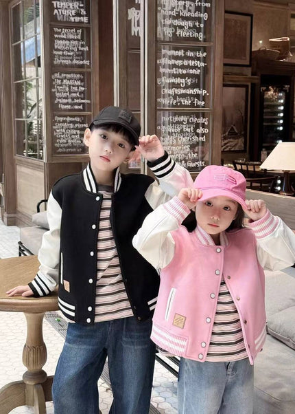 Girls Pink Bomber Jacket - Premium Varsity Style with Leather Sleeves