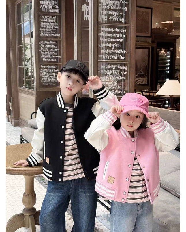 Girls Pink Bomber Jacket - Premium Varsity Style with Leather Sleeves