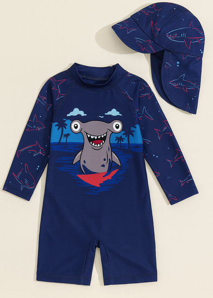 Boys Shark Print Long Sleeve Swimsuit With Hat