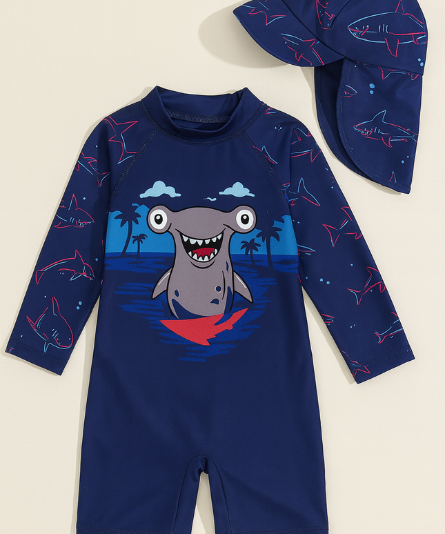 Boys Shark Print Long Sleeve Swimsuit With Hat