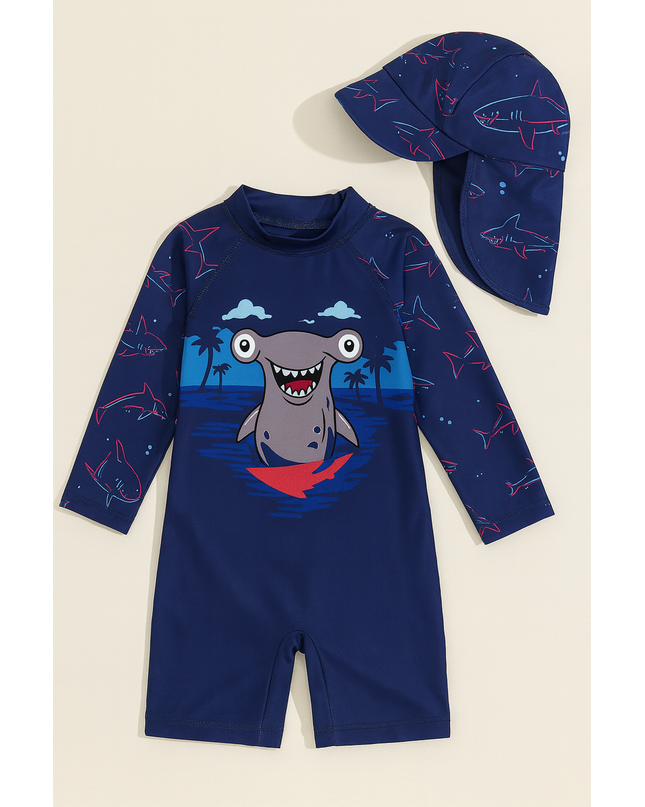 Boys Shark Print Long Sleeve Swimsuit With Hat