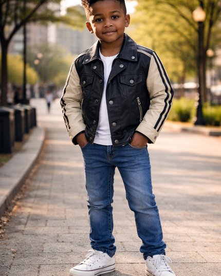 Kids Two-Tone Leather Jacket with Stripes - Black & Beige
