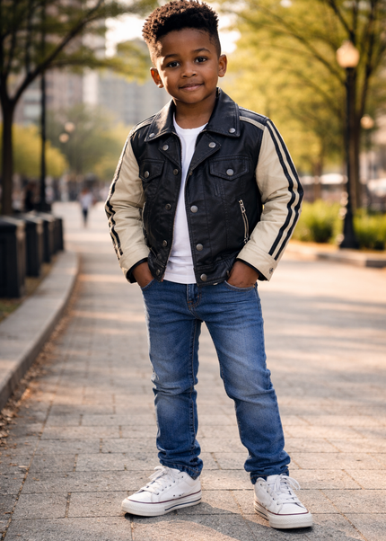 Kids Two-Tone Leather Jacket with Stripes - Black & Beige