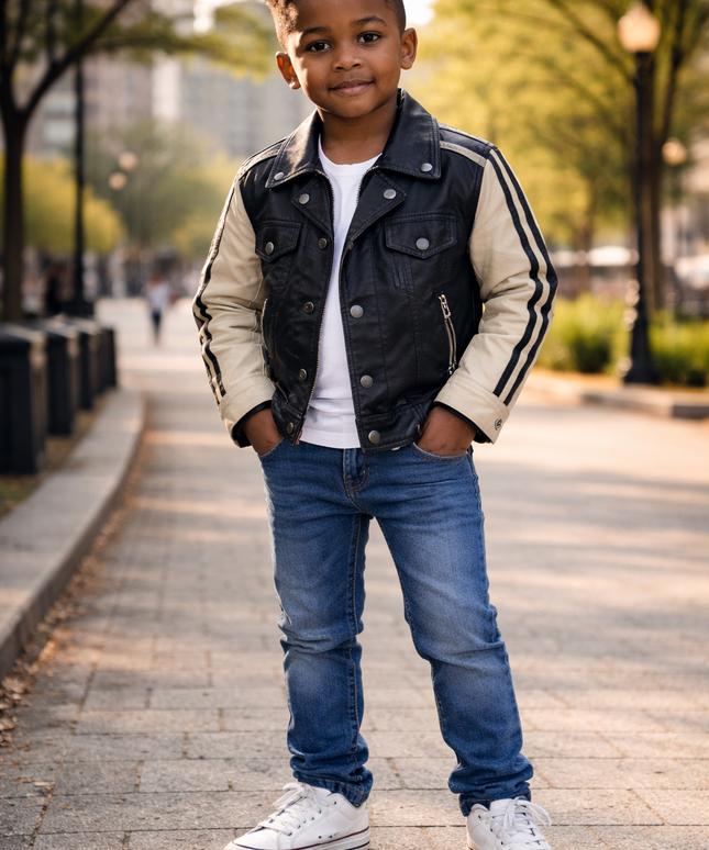 Kids Two-Tone Leather Jacket with Stripes - Black & Beige