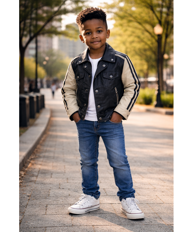 Kids Two-Tone Leather Jacket with Stripes - Black & Beige