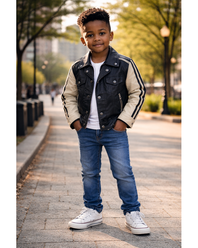 Kids Two-Tone Leather Jacket with Stripes - Black & Beige