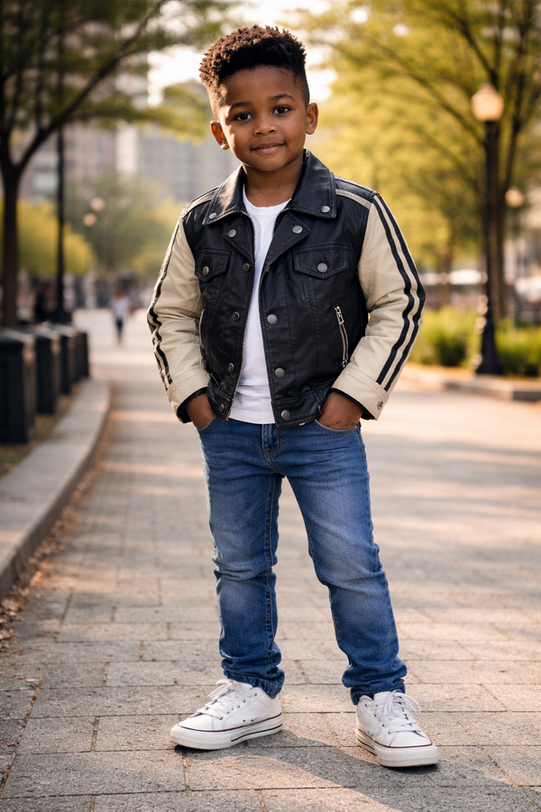 Kids Two-Tone Leather Jacket with Stripes - Black & Beige