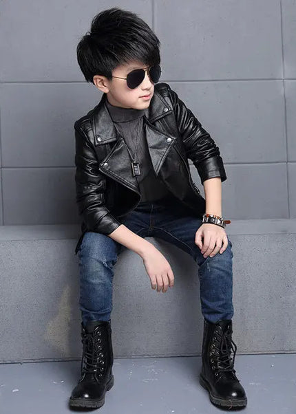 Kids Classic Leather Biker Jacket - Black