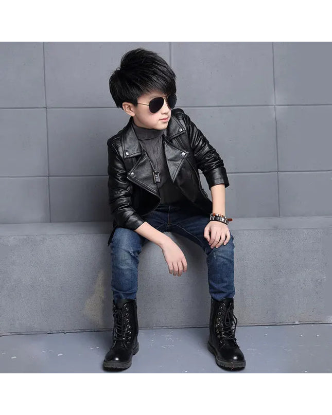 Kids Classic Leather Biker Jacket - Black