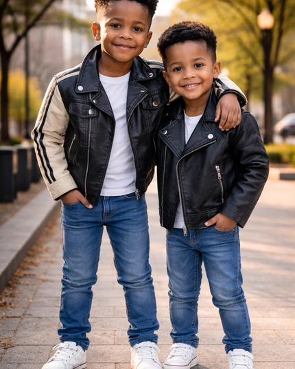 Kids Two-Tone Leather Jacket with Stripes - Black & Beige