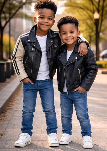 Kids Two-Tone Leather Jacket with Stripes - Black & Beige