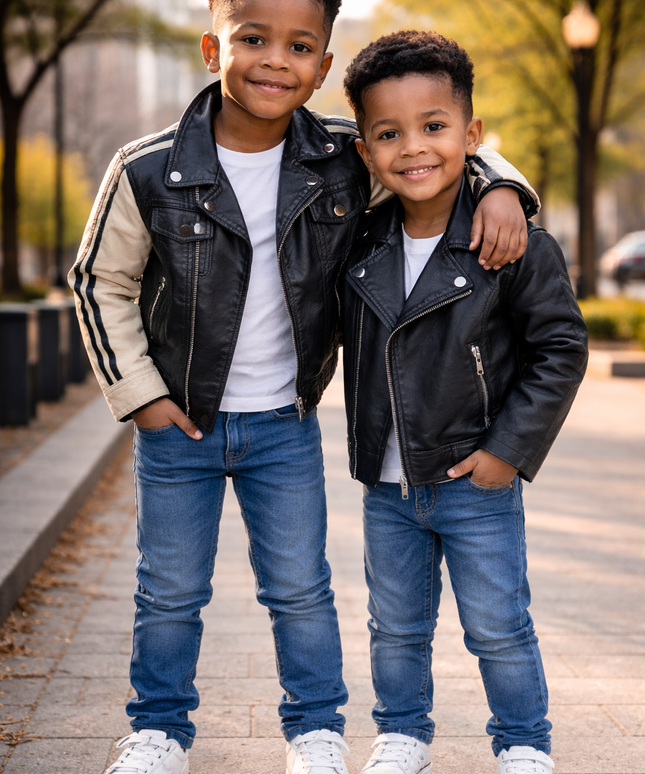 Kids Two-Tone Leather Jacket with Stripes - Black & Beige