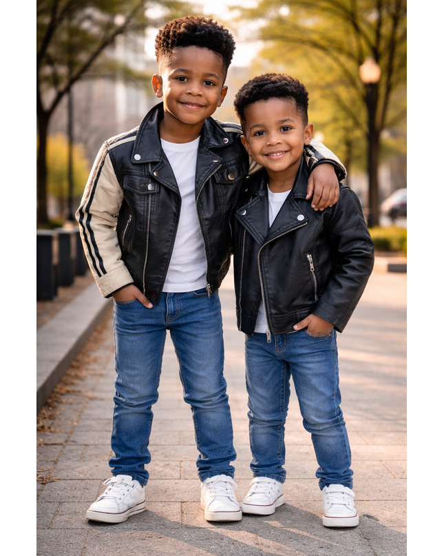 Kids Two-Tone Leather Jacket with Stripes - Black & Beige