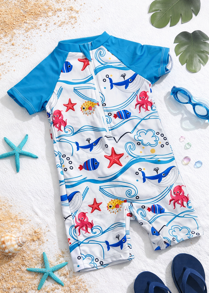 Boys Swimming Costume Ocean Life One-Piece - UV Protection Rash Guard