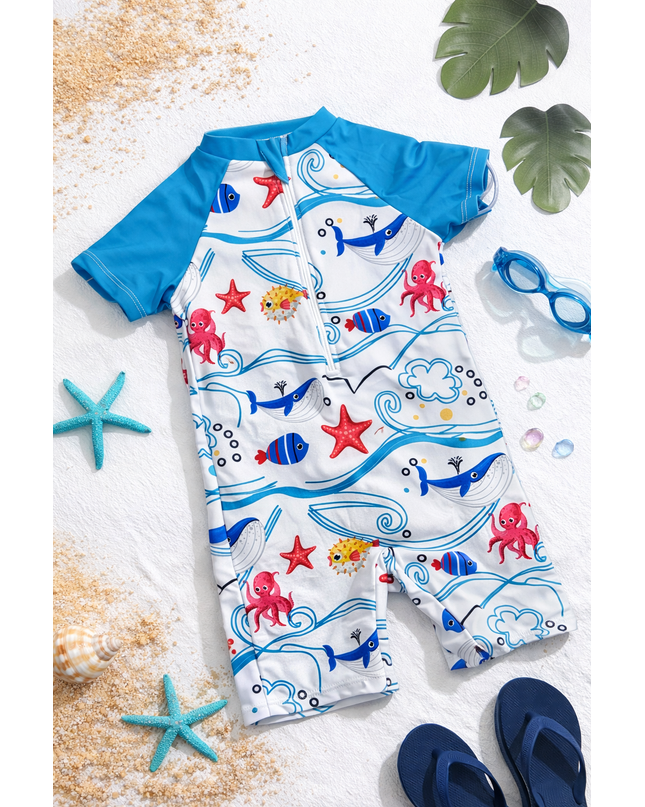 Boys Swimming Costume Ocean Life One-Piece - UV Protection Rash Guard