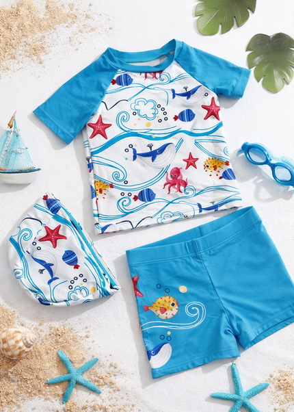 Boys 3-Piece Ocean Adventure Swimming Costume Set with Bag - Rashguard & Shorts