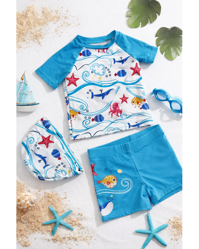 Boys 3-Piece Ocean Adventure Swimming Costume Set with Bag - Rashguard & Shorts