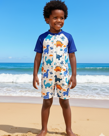 Boys Dinosaur Short-Sleeve UV Swimsuit – Blue