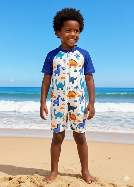 Boys Dinosaur Short-Sleeve UV Swimsuit – Blue