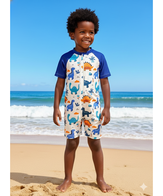 Boys Dinosaur Short-Sleeve UV Swimsuit – Blue