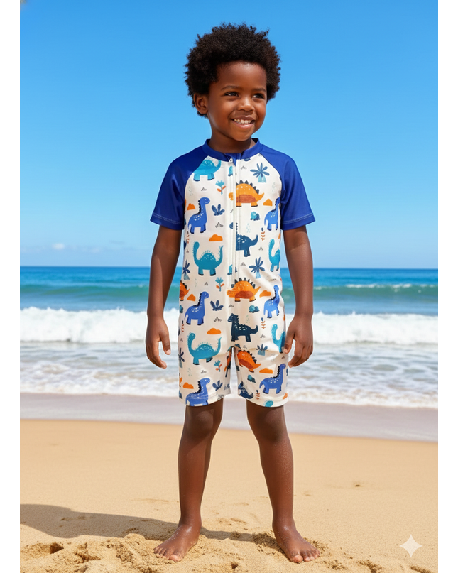 Boys Dinosaur Short-Sleeve UV Swimsuit – Blue