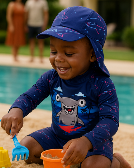 Boys Shark Print Long Sleeve Swimsuit With Hat