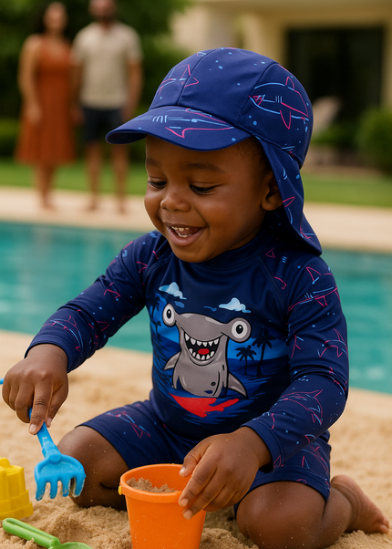 Boys Shark Print Long Sleeve Swimsuit With Hat