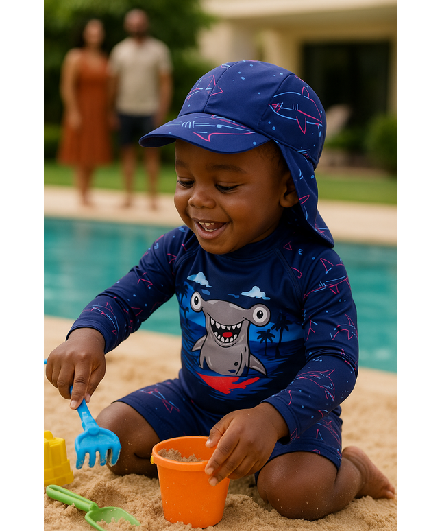 Boys Shark Print Long Sleeve Swimsuit With Hat