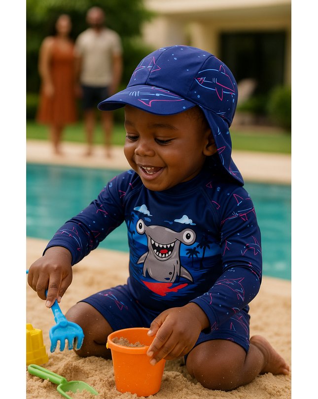 Boys Shark Print Long Sleeve Swimsuit With Hat