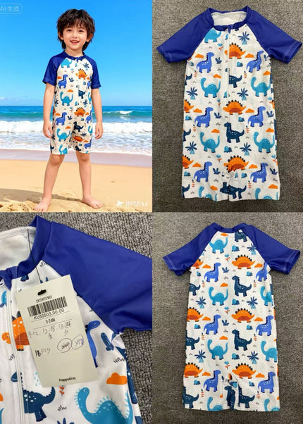 Boys Dinosaur Short-Sleeve UV Swimsuit – Blue